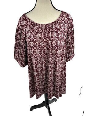 Lane Bryant Womens Blouse 22/24 Red White Floral Peasant Top Plus Size